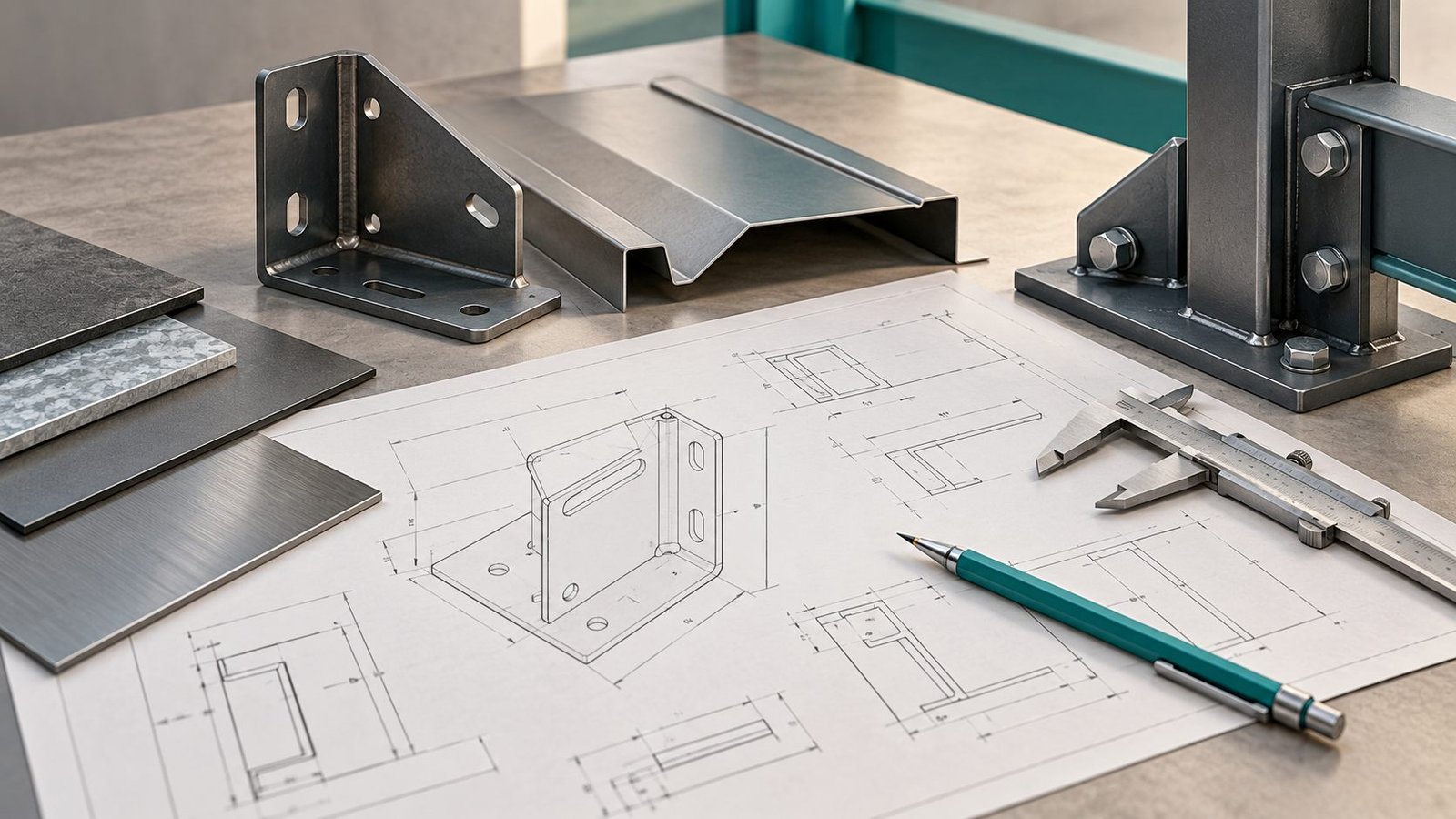 Concept illustration of a metal fabrication drawing, sample brackets and an assembly connection, not a completed project