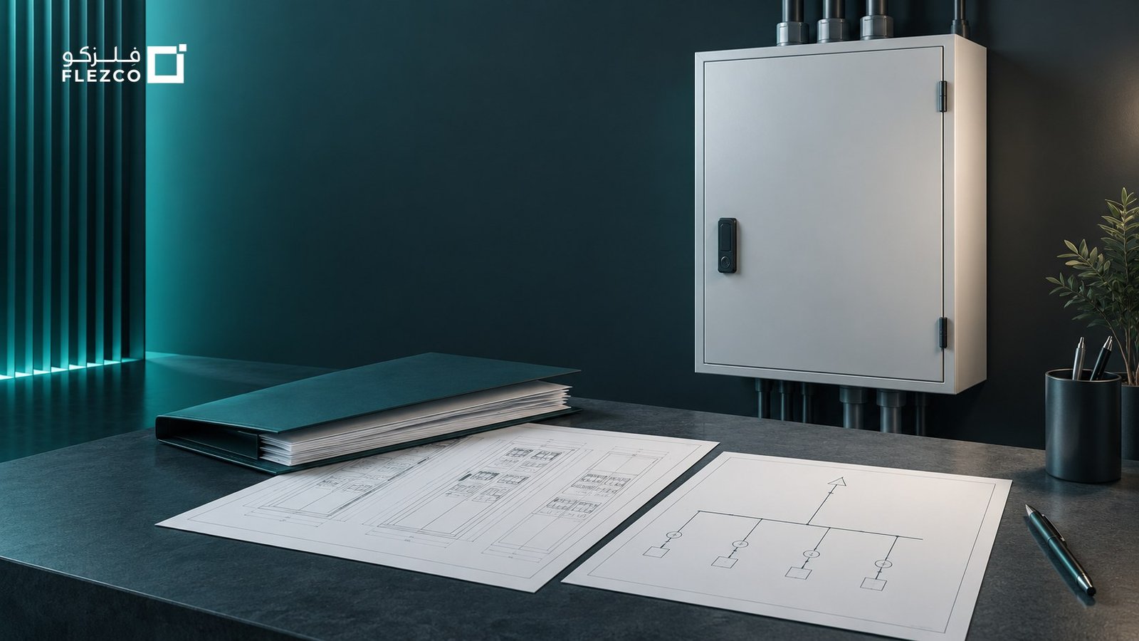 Concept illustration of an electrical panel with project drawings and a design brief