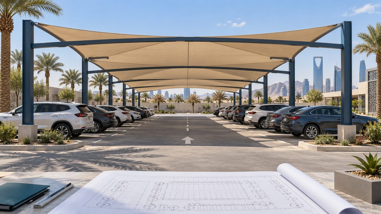 Concept illustration of two rows of parking shades, a drive aisle and a site plan, not a completed project photograph