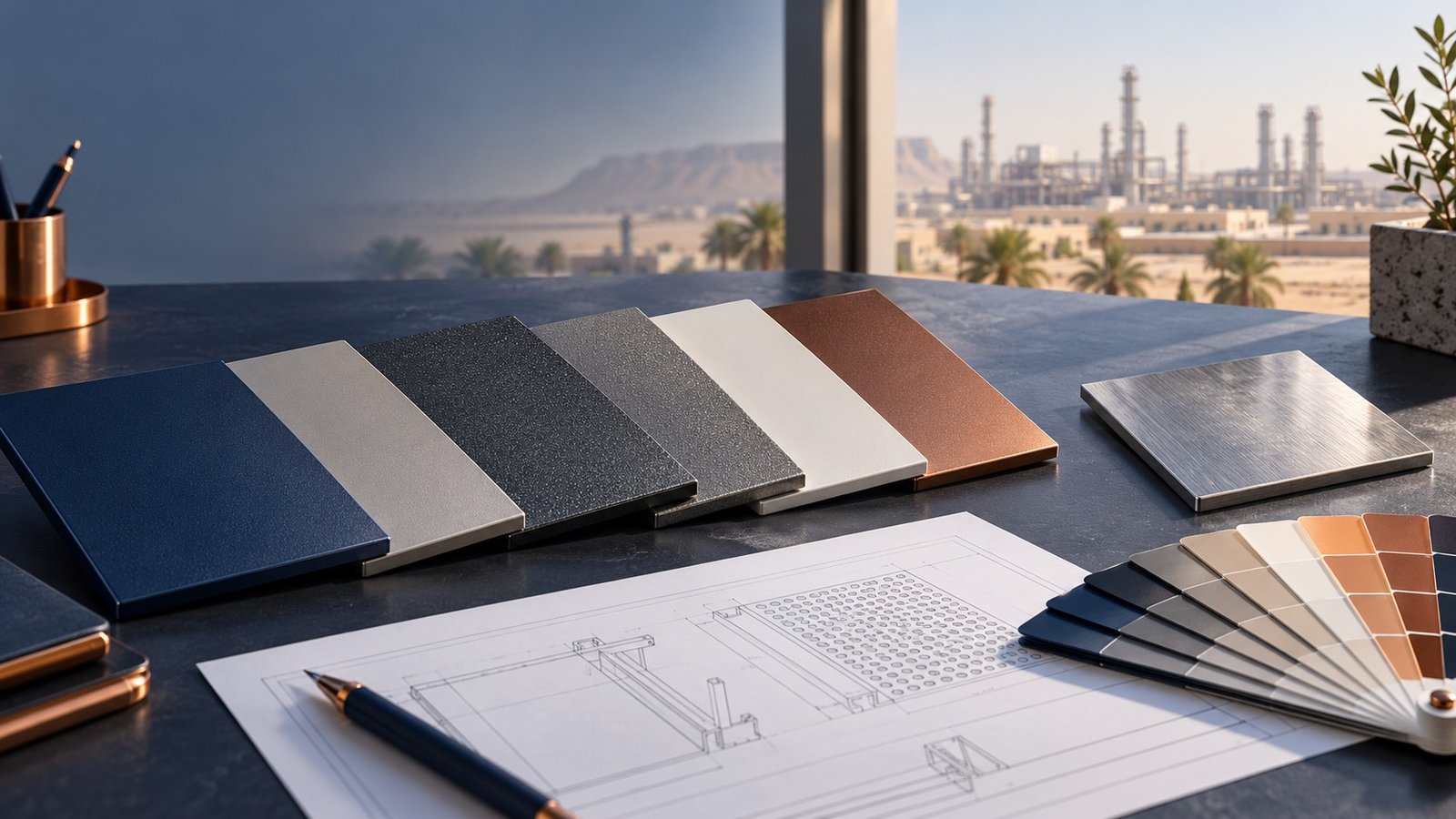 Concept illustration of metal finish samples, a drawing and color references, not a completed project